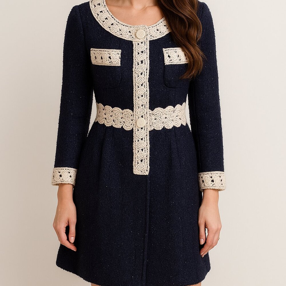 Vintage Style Royal Princess Palace Collection Navy Blue Tweed Wool Blend Dress